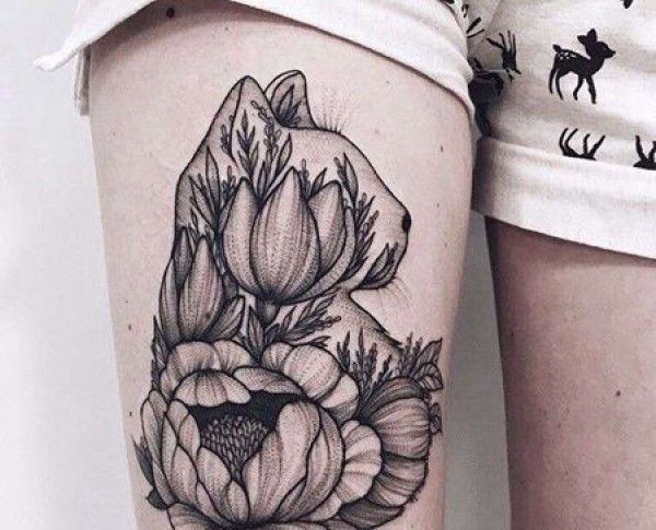 点线大腿花卉猫纹身图片