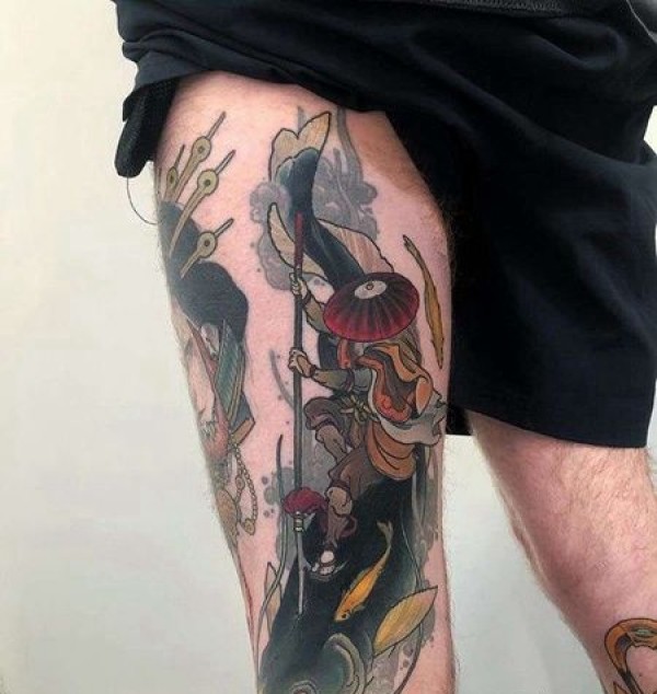 新传统小腿武士鲤鱼纹身图片