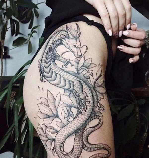 点线大腿龙花卉纹身图片