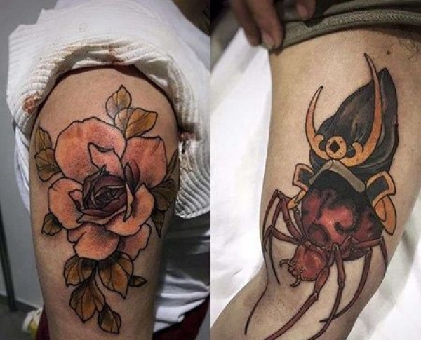 新传统大腿蜘蛛玫瑰纹身图片