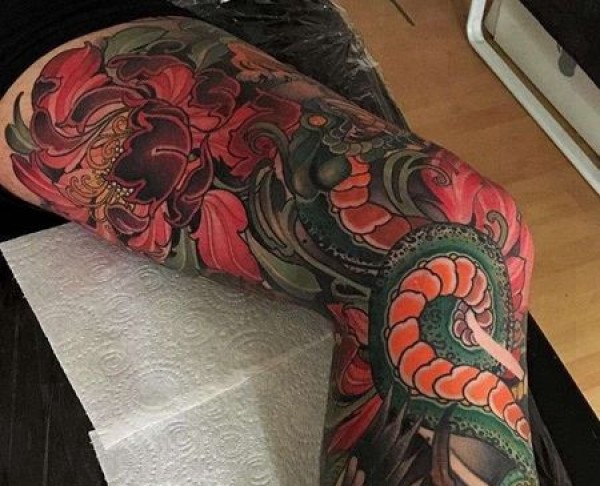 新传统 腿部包围 蛇与花朵