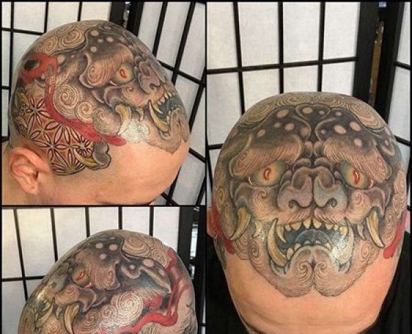 日式头顶唐狮纹身图片