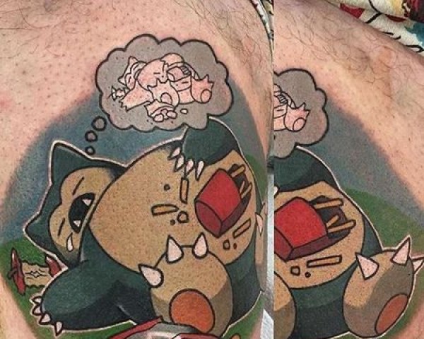 卡通大腿神奇宝贝卡比兽纹身图片