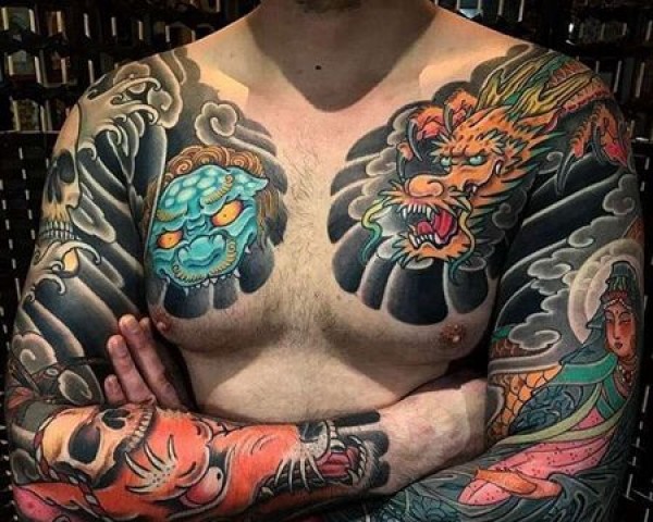 日式胳膊前胸唐狮龙狐狸纹身图片