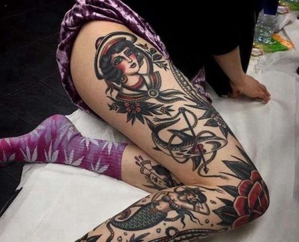 Old School大腿女人美人鱼鲨鱼纹身图片