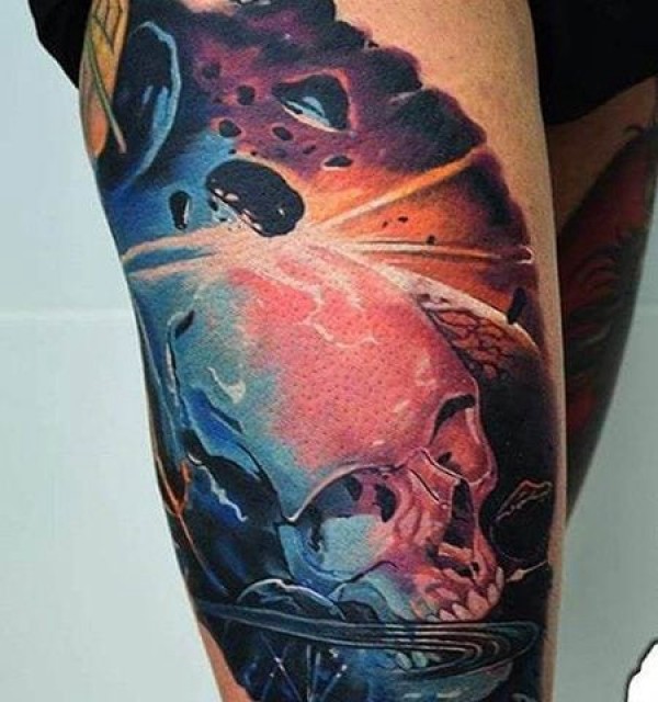 大腿骷髅宇宙纹身图片