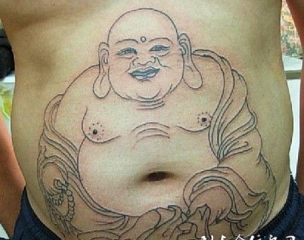 男性肚子部位弥勒佛纹身图片