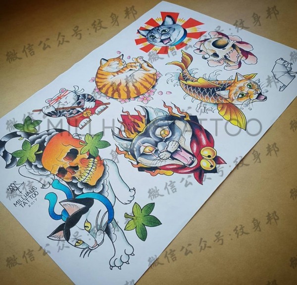 彩色猫咪等动物纹身手稿