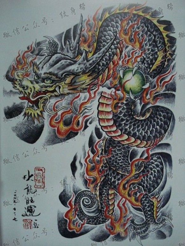 半甲彩色龙纹身图片手稿大全