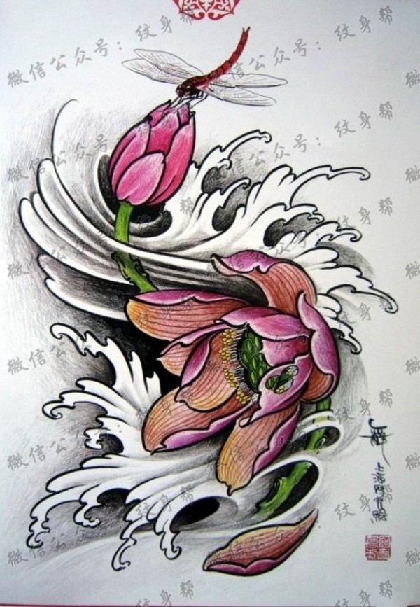 一款传统莲花蜻蜓文身手稿图案