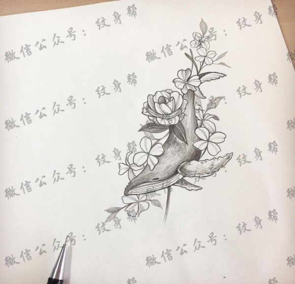 黑灰鲸鱼花纹身手稿