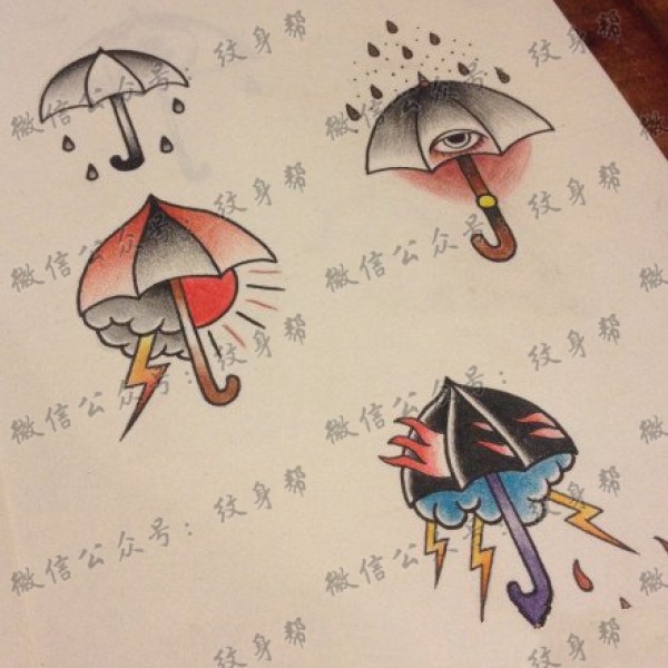 一组时尚精美的雨伞纹身手稿