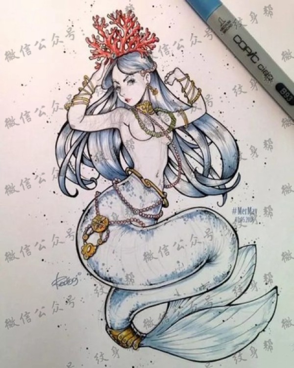 一组20张美人鱼纹身手稿素材图片
