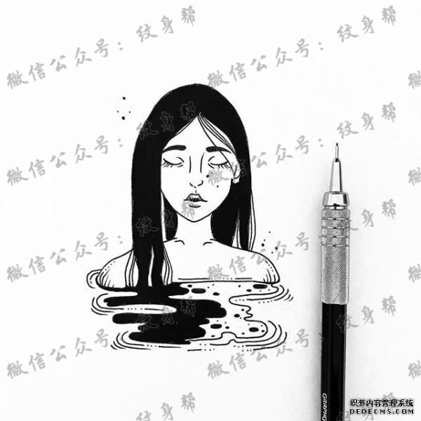 黑色长发女生肖像纹身手稿