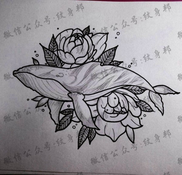 黑白鲸鱼+花朵纹身手稿