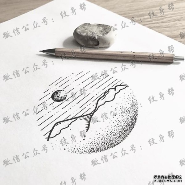 黑白点刺风景山脉星球纹身手稿