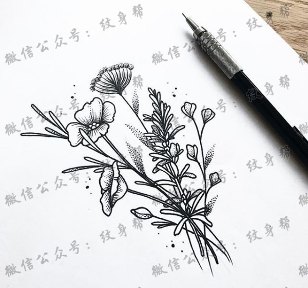 线条花卉纹身图片