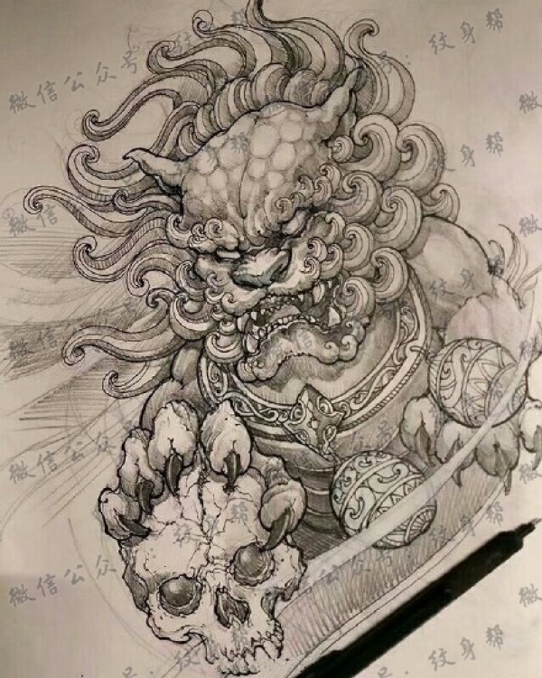 一套14张唐狮福狮纹身手稿图案素材