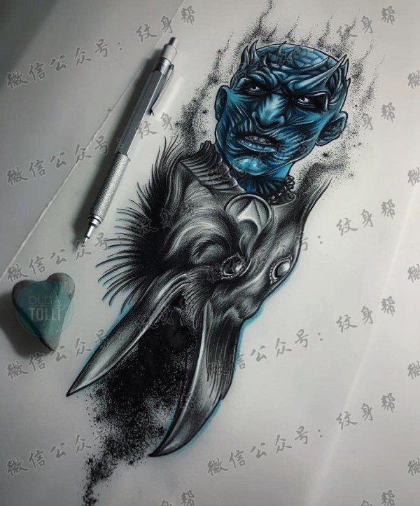 色彩黑灰乌鸦人头纹身手稿