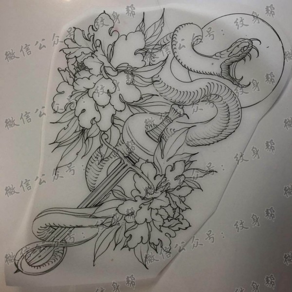 一组12张蟒蛇牡丹纹身手稿素材图案