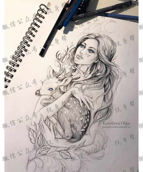 黑灰女孩与梅花鹿纹身手稿