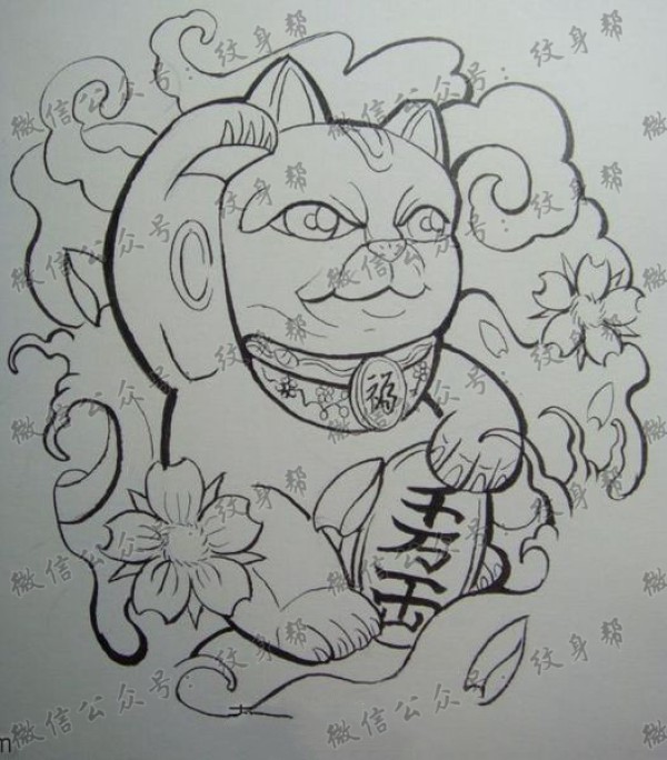 一款简单的招财猫纹身手稿