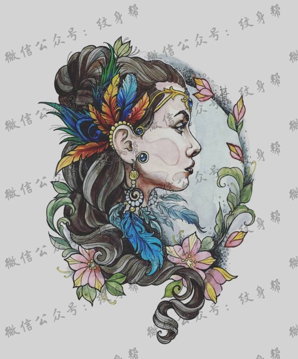 色彩女郎花环纹身手稿