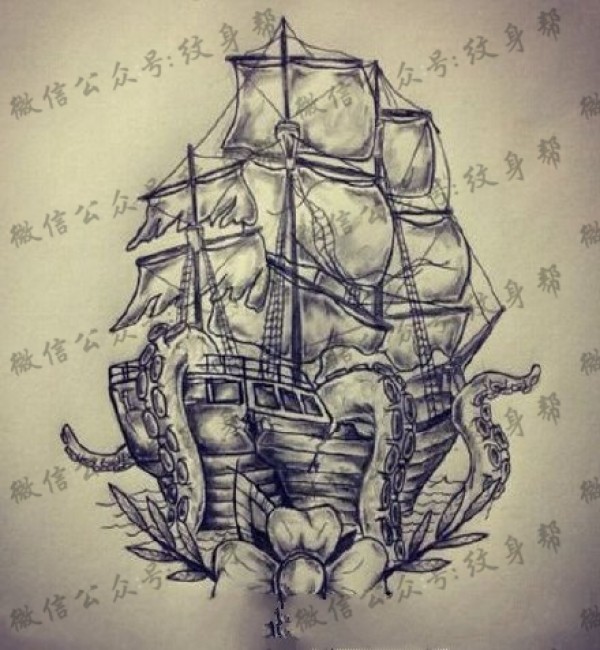 航海帆船手稿纹身图片