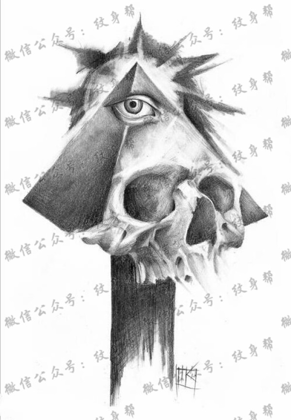 黑灰素描骷髅上帝之眼纹身手稿图案