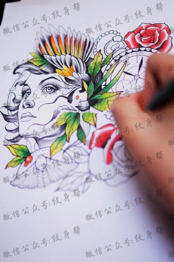 手稿彩绘花旦纹身图片