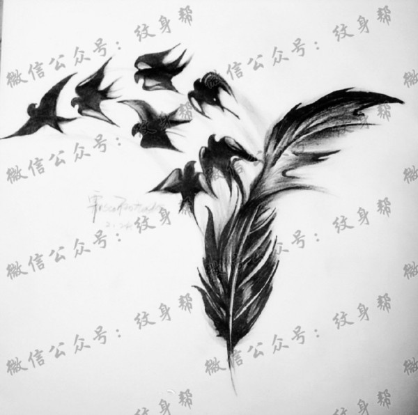 个性羽化燕纹身手稿图片