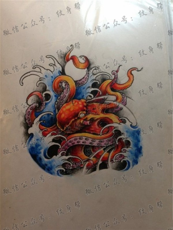 彩色个性章鱼纹身手稿图案