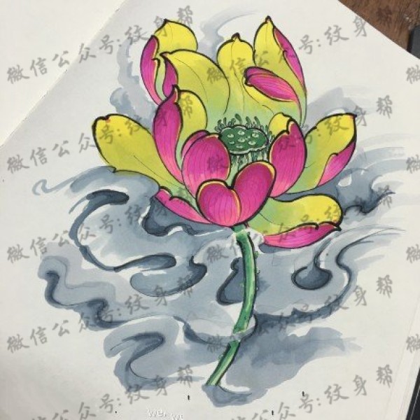 手稿水墨荷花纹身图片