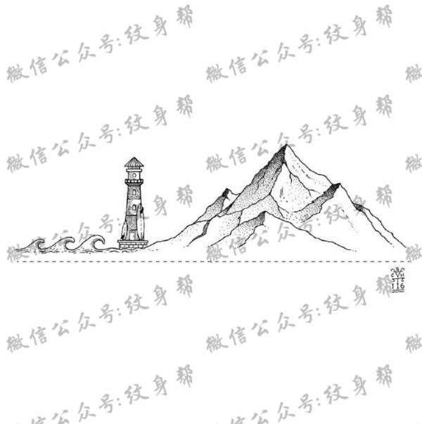 山脉纹身手稿_一组18张几何元素+山脉风景纹身手稿图案