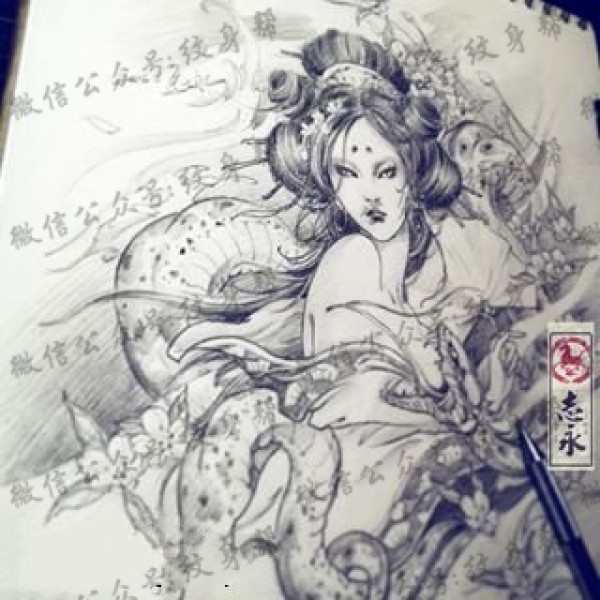 手臂素描古代蛇美女纹身图片