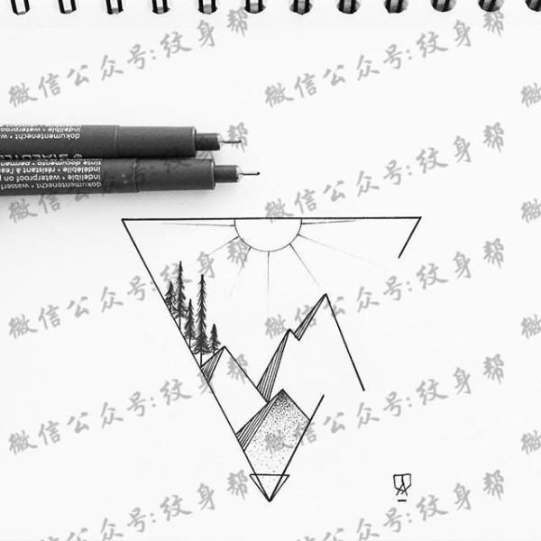 山脉纹身手稿_一组18张几何元素+山脉风景纹身手稿图案