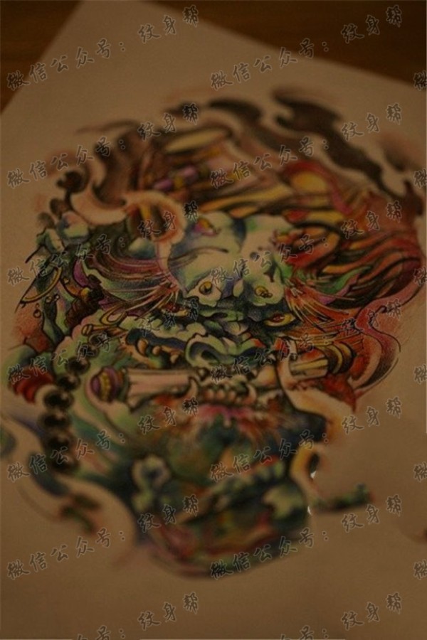 彩色唐狮纹身图片
