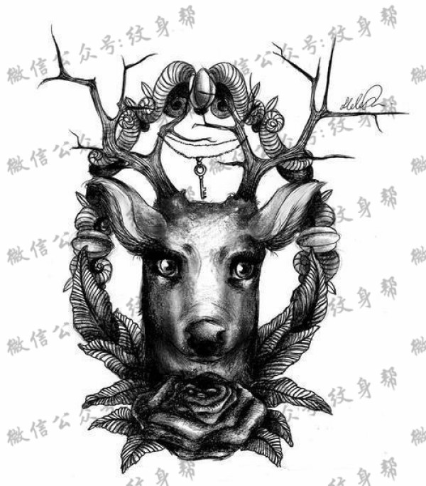 鹿纹身手稿_一套38张精美鹿纹身手稿图案欣赏