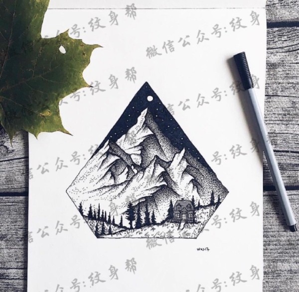 山脉纹身手稿_一组14张山脉风景几何设计手稿纹身图片