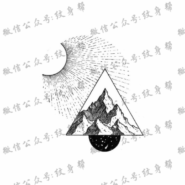 山脉纹身手稿_一组18张几何元素+山脉风景纹身手稿图案