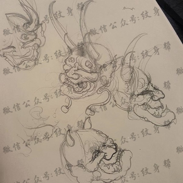 手稿素描般若面具纹身图片