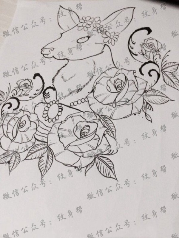 玫瑰花鹿纹身手稿图案