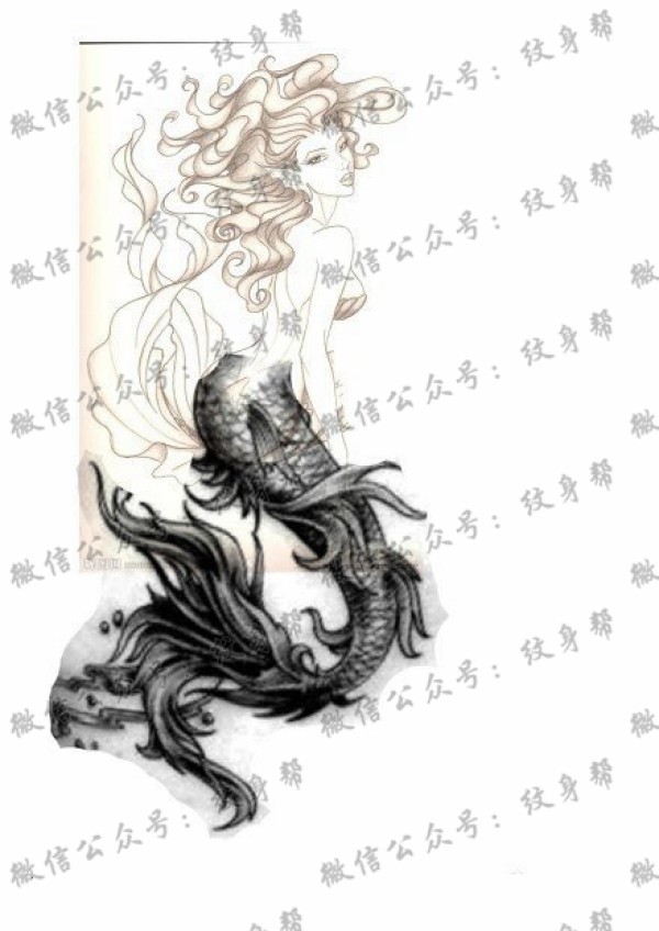 素描风格美人鱼纹身图片