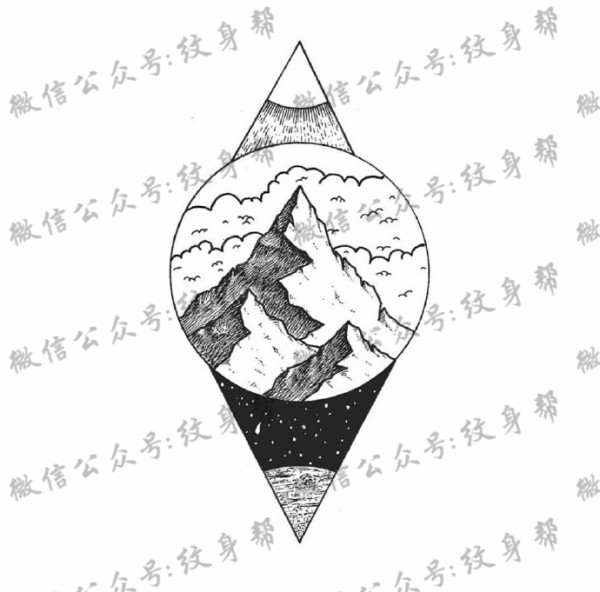 山脉纹身手稿_一组18张几何元素+山脉风景纹身手稿图案