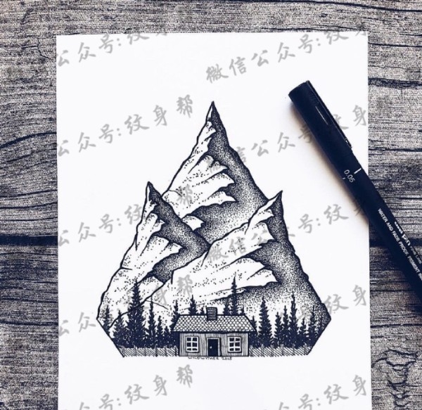 山脉纹身手稿_一组14张山脉风景几何设计手稿纹身图片