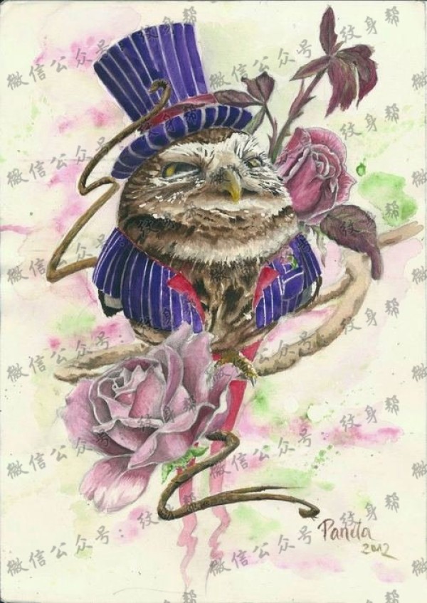 彩色猫头鹰玫瑰花纹身图片
