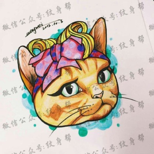 手稿彩绘小猫咪纹身图片