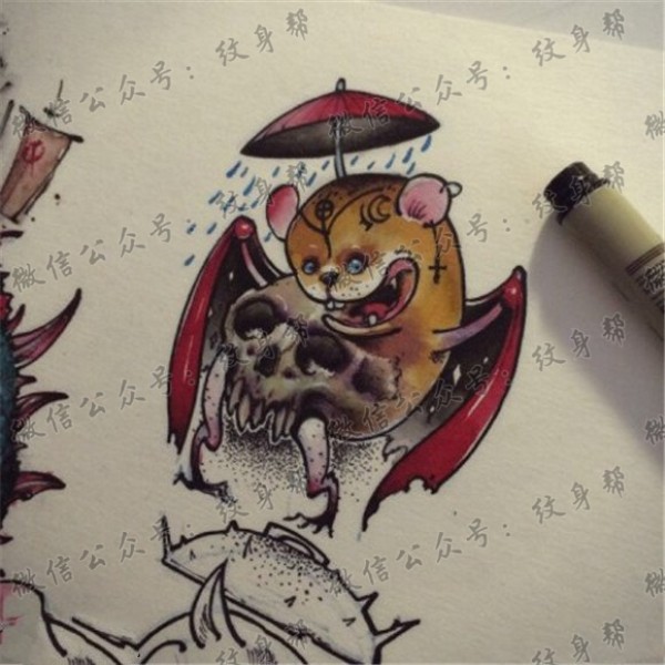 彩色蝙蝠骷髅纹身手稿图案