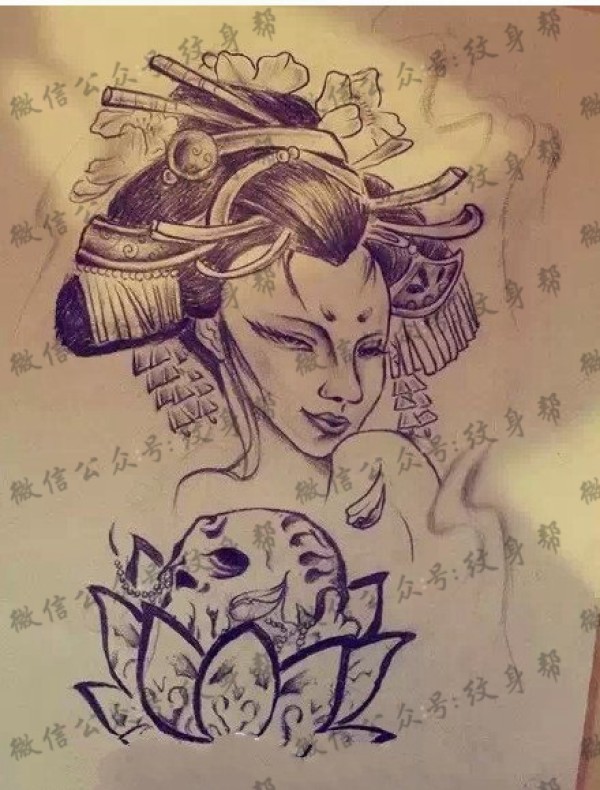 黑白莲花艺妓手稿纹身图片