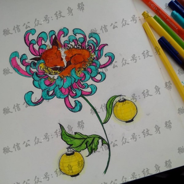 菊花狐狸纹身tattoo图案手稿